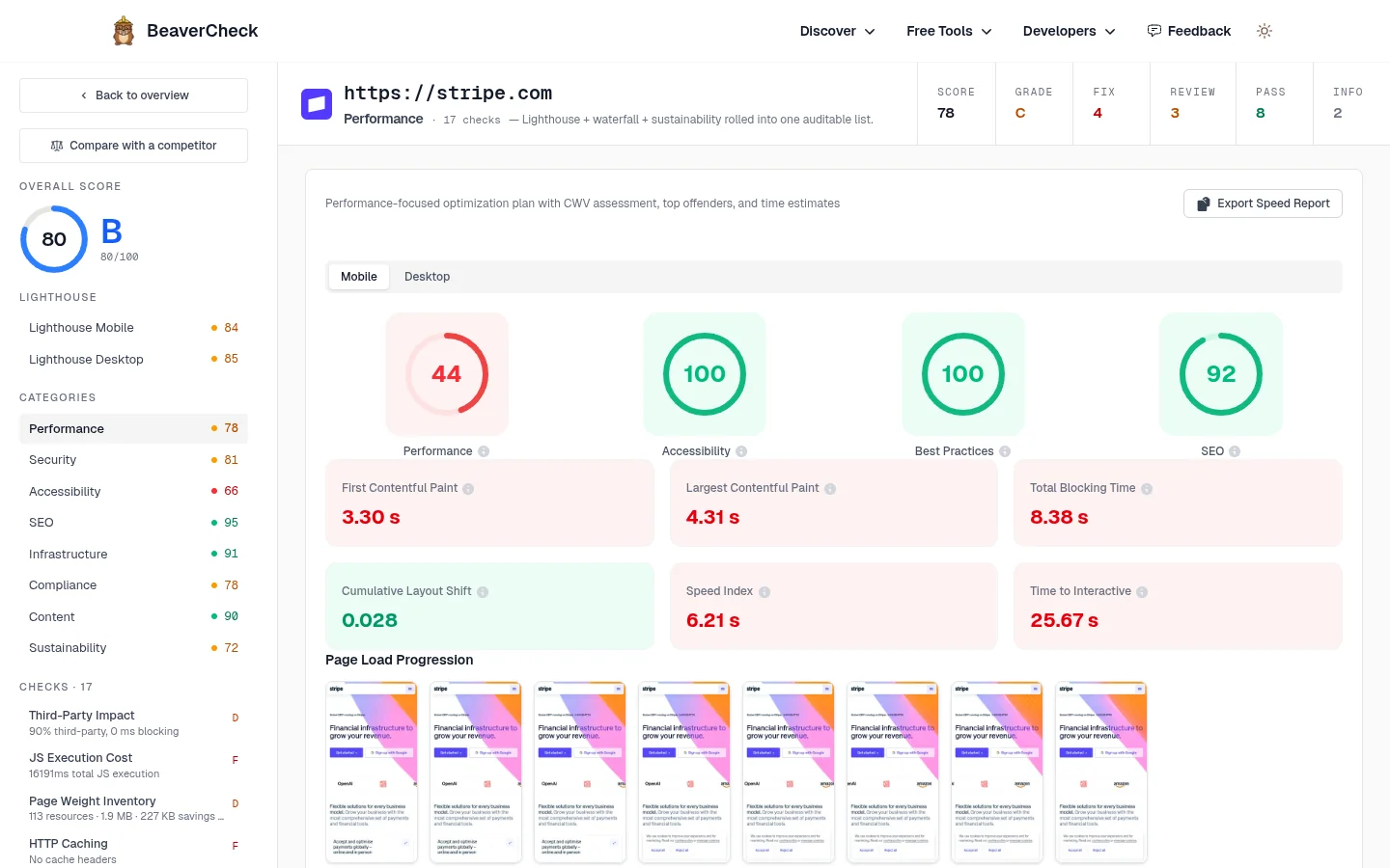 Performance category page showing Lighthouse scores, Core Web Vitals breakdown, and the page-load filmstrip across 8 frames.